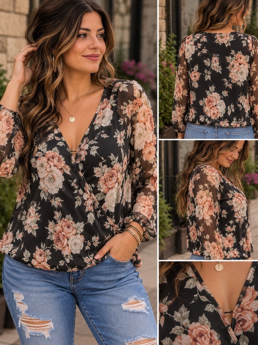 Miley + Molly Floral Wrap Blouse - Black with Blush Floral